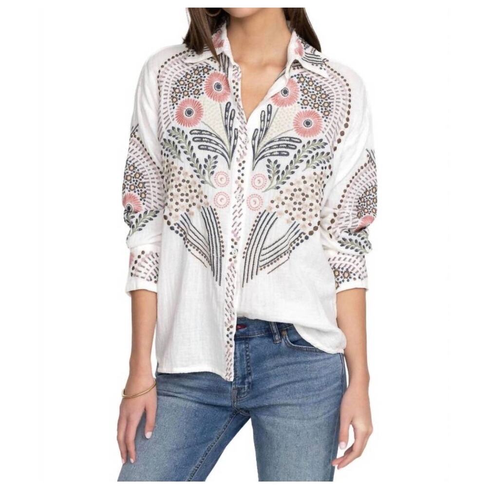Johnny Was White Embroidered Palladium Button Up Long Sleeve Blouse Size: Large